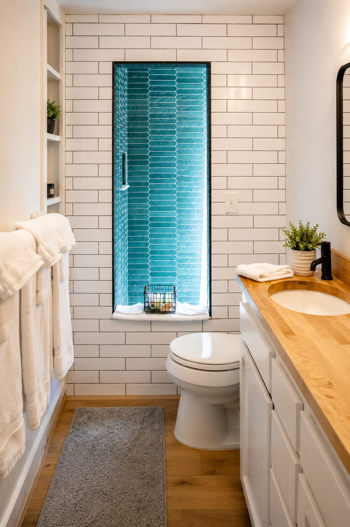 Step into your modern bathroom featuring a stunning floor-to-ceiling tiled shower, natural wood vanity, and classic white subway tiles—your perfect retreat after a day of adventure.