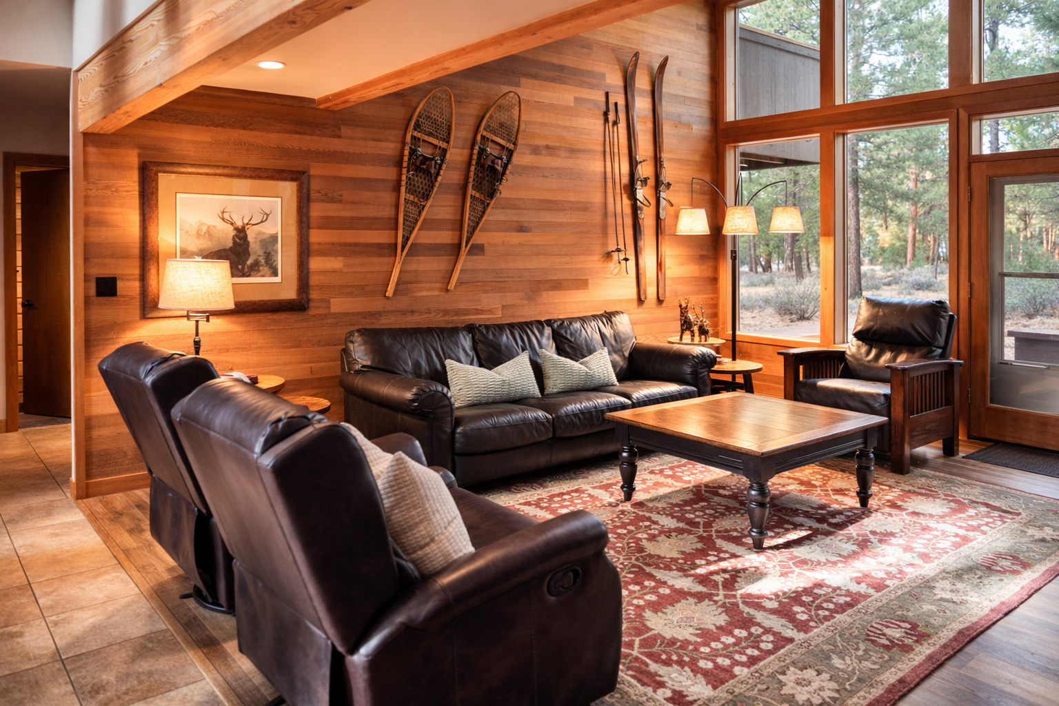 Settle into rich leather seating surrounded by warm wood and rustic ski decor, where forest views frame your perfect mountain retreat.