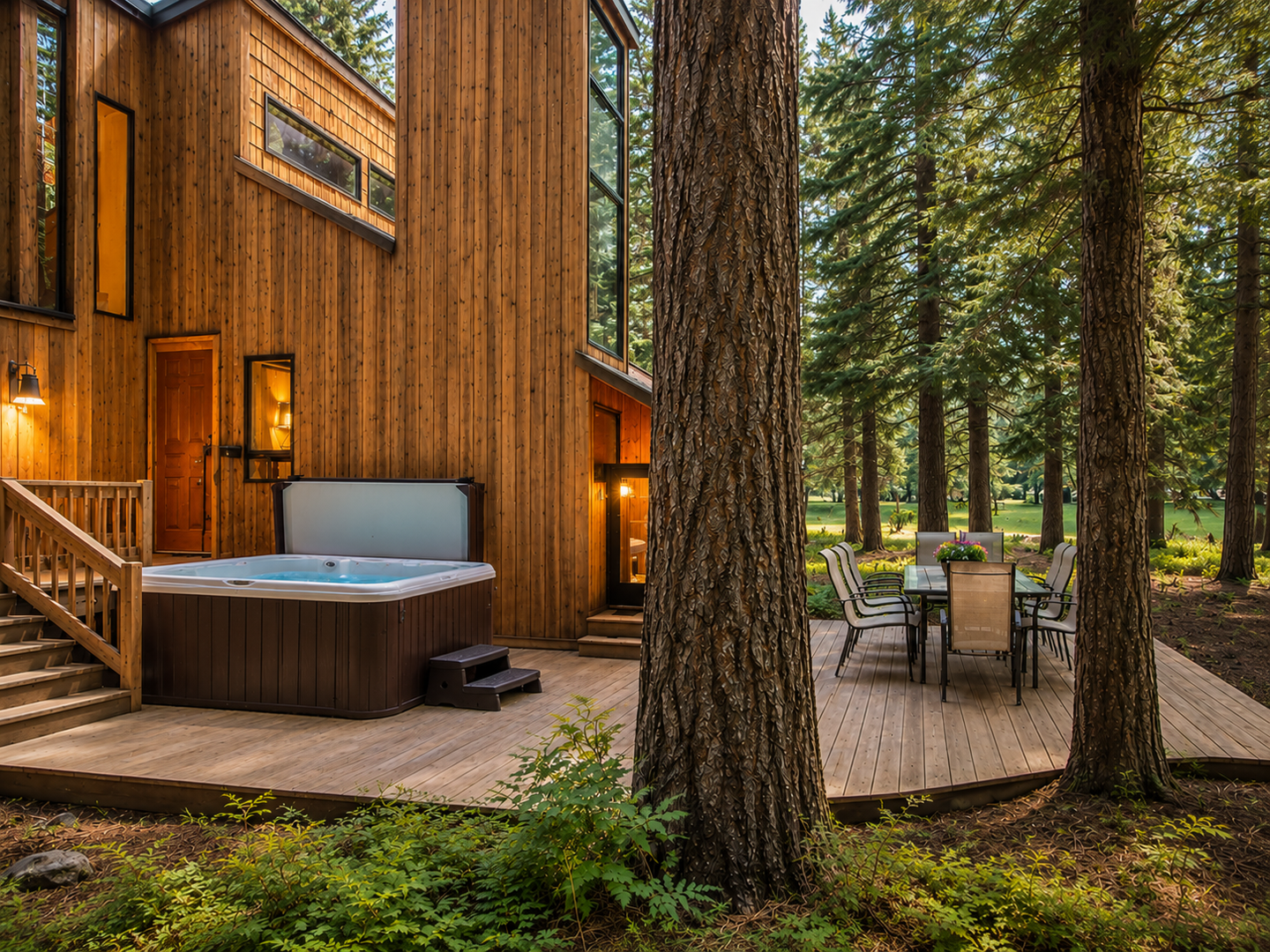 Soak under the stars in your private hot tub, surrounded by towering pines and a peaceful forest setting, with outdoor dining steps away from your modern woodland retreat.