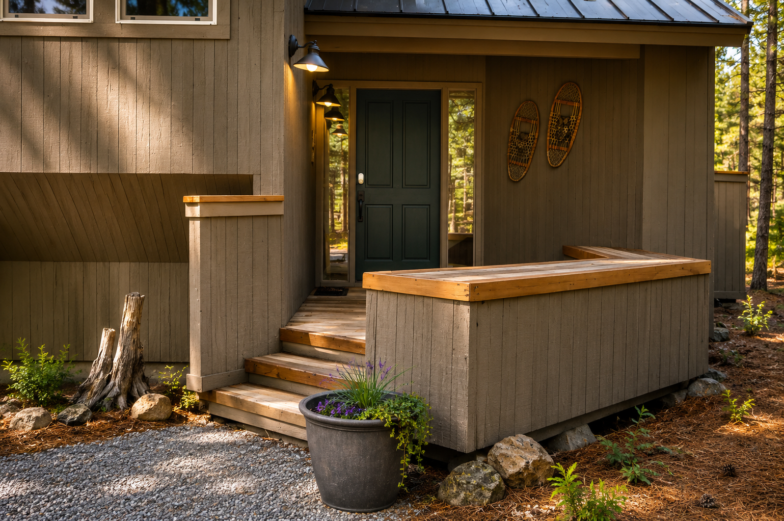 A welcoming entrance nestled among towering pines, where warm light beckons you home after a day of mountain adventure.