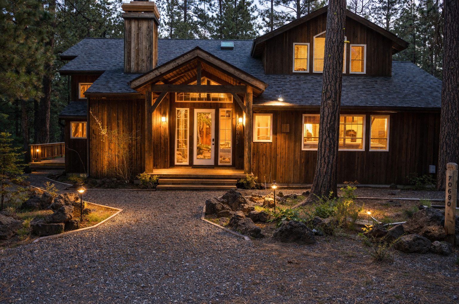 A stunning modern mountain retreat nestled among towering pines, featuring warm wood siding and welcoming ambient lighting for your forest getaway.