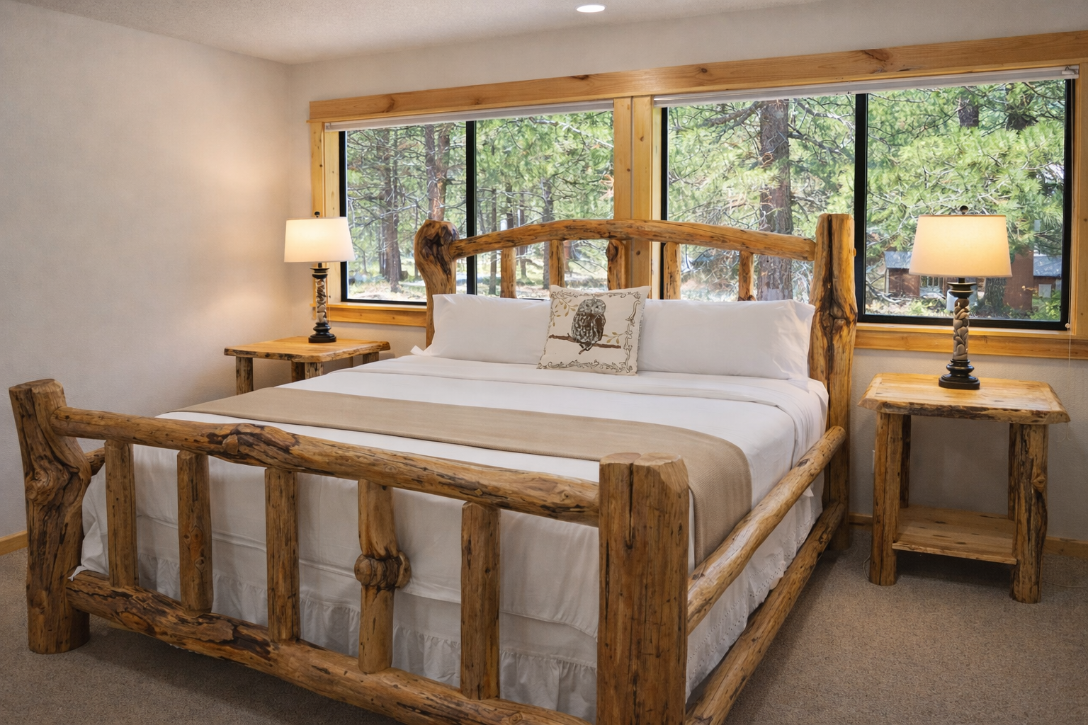 Drift to sleep in your rustic log bed while forest views fill the windows, bringing nature's serenity right to your bedside.