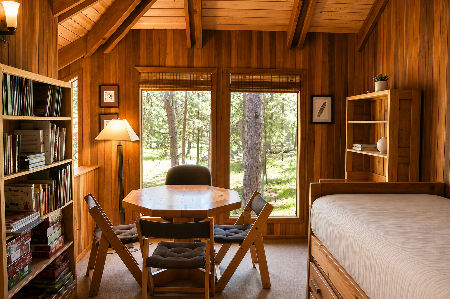 Relax in your cozy cabin retreat, where natural wood tones and forest views create a peaceful escape. Curl up with a book or gather at the dining table surrounded by nature's beauty.