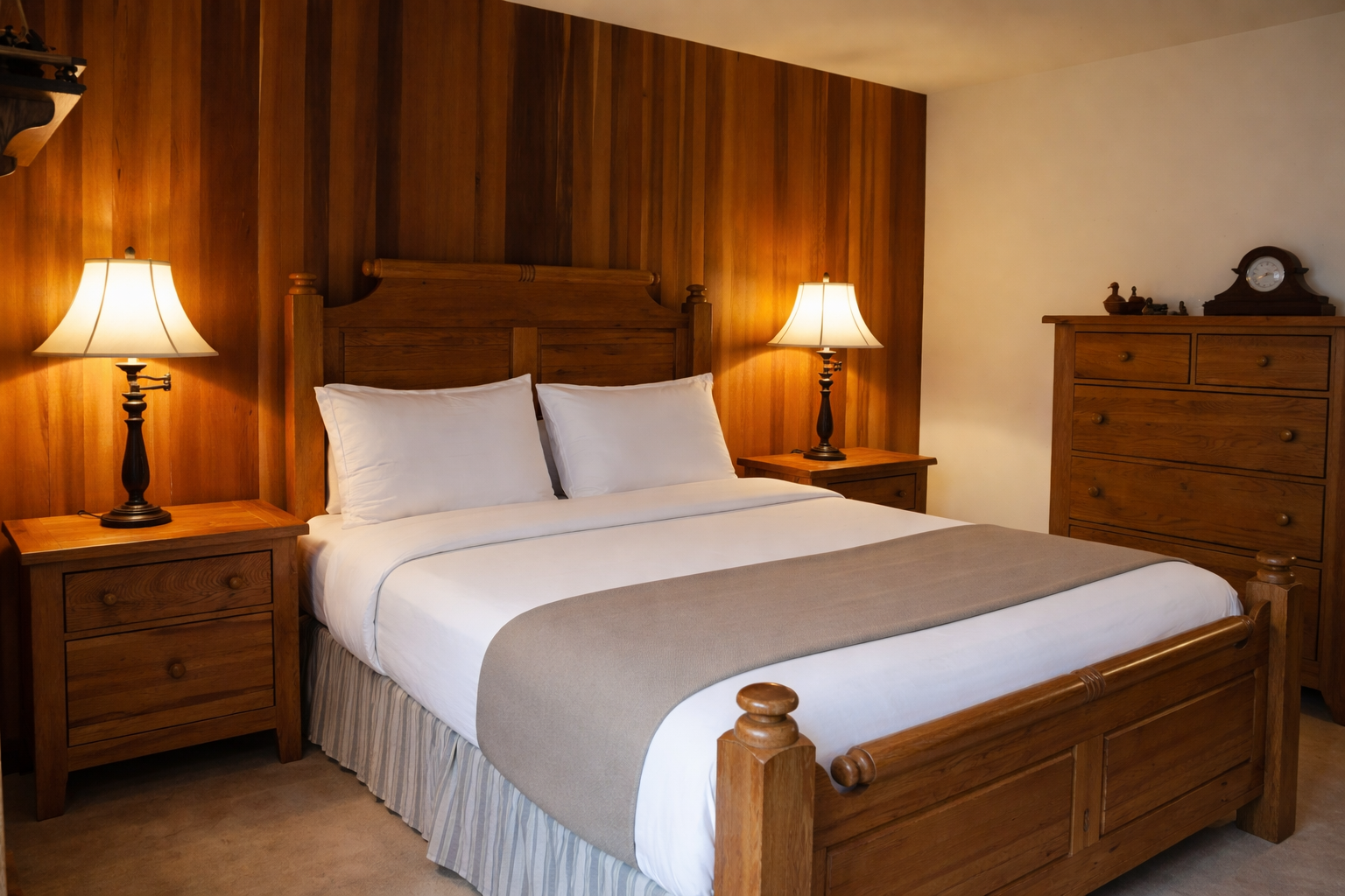 Sink into crisp white linens surrounded by warm wood paneling and soft lamplight for the perfect night's rest.