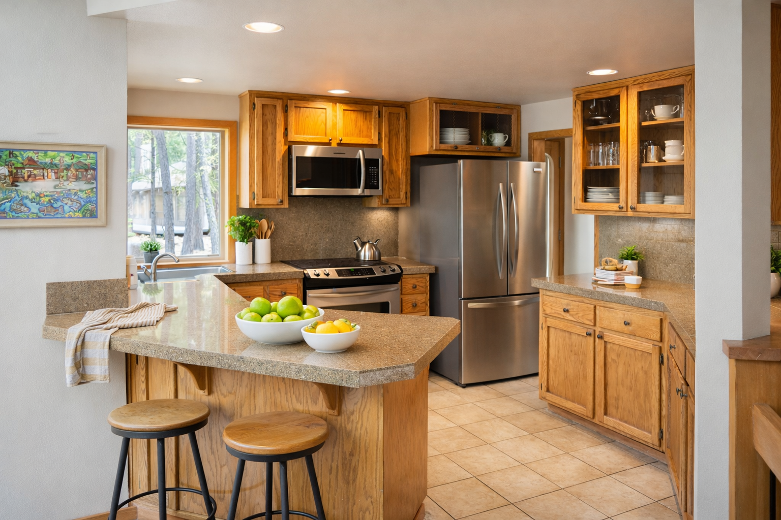 Gather around this spacious kitchen island where warm wood cabinets and granite countertops create the perfect space for your culinary adventures.