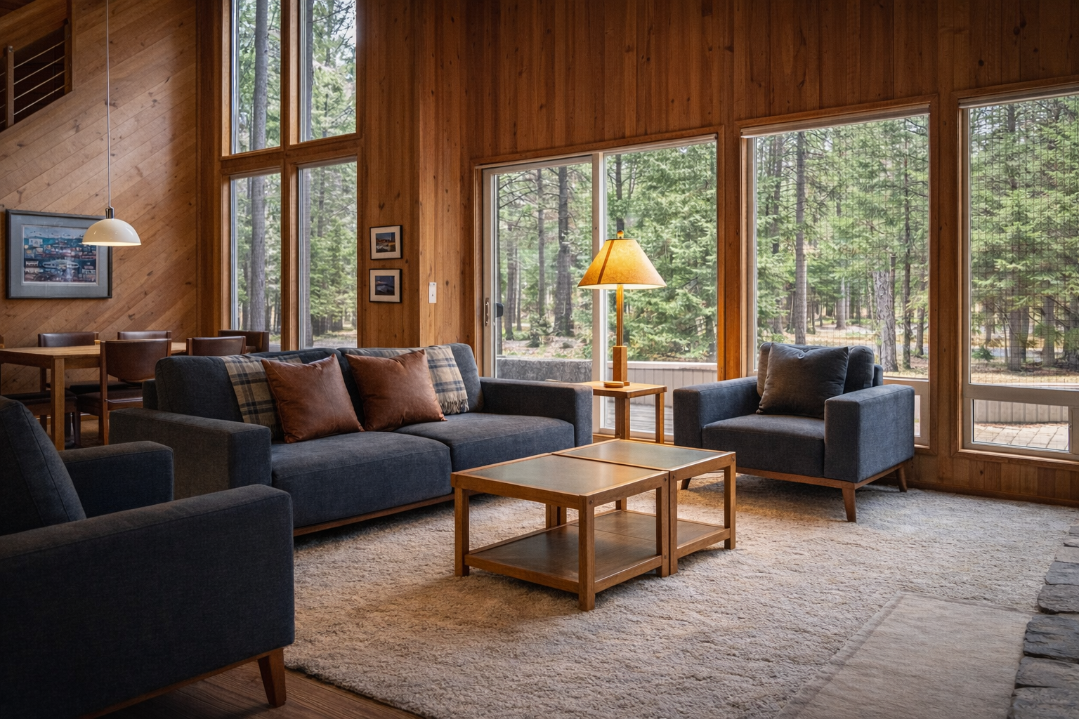 Unwind in your cozy living room surrounded by warm wood and forest views, where comfortable seating invites relaxing evenings.