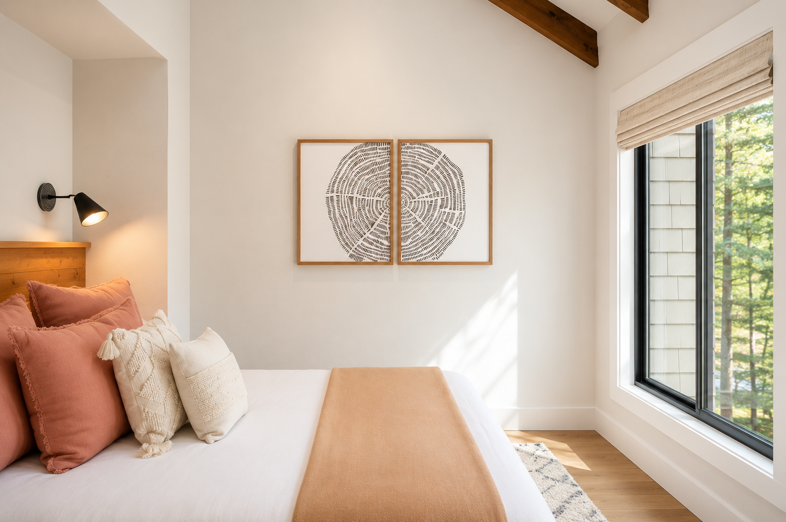 Step into your serene bedroom retreat with natural light pouring through tall windows. Sink into the plush bed with warm linens and enjoy peaceful forest views that frame your escape.