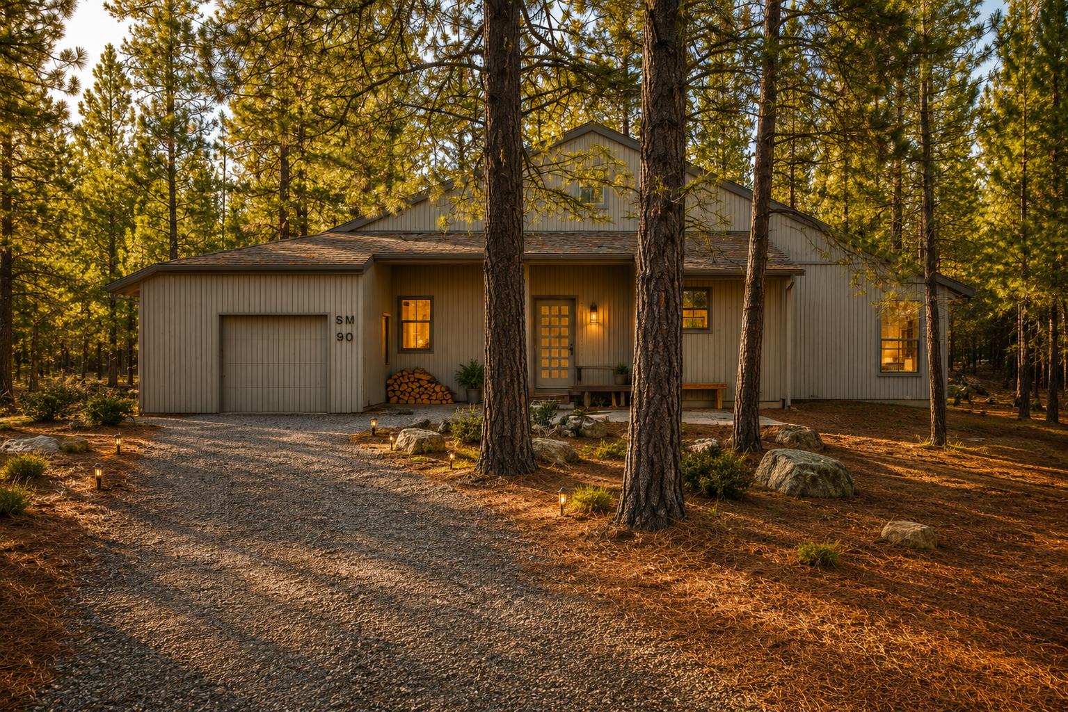 A modern retreat nestled among towering pines, offering a peaceful forest setting with warm, welcoming interiors and private parking for a tranquil mountain escape.