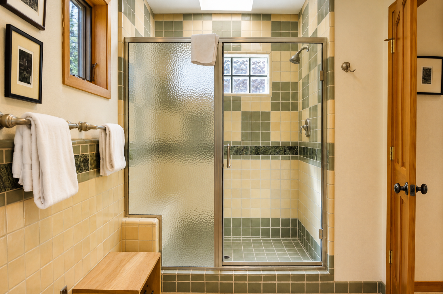 Step into your private spa-like bathroom with mosaic tile work and a spacious walk-in shower framed by natural light streaming through the skylight above.