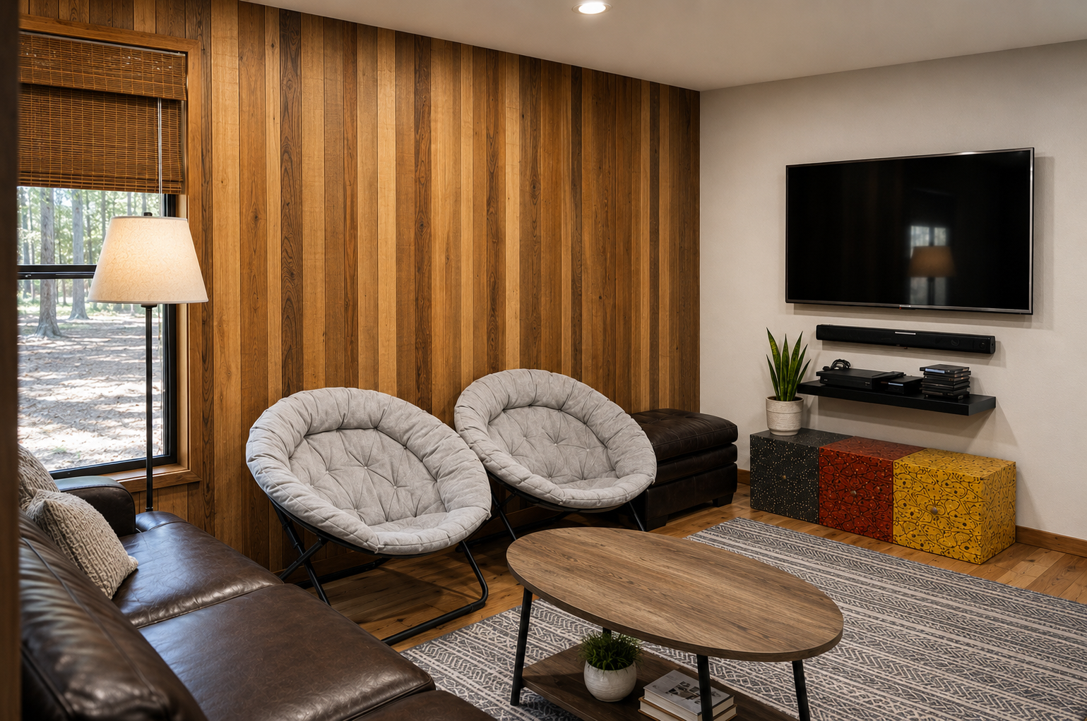 Unwind in this stylish lounge with warm wood accents, cozy seating, and modern entertainment—your perfect space to relax after exploring the area.