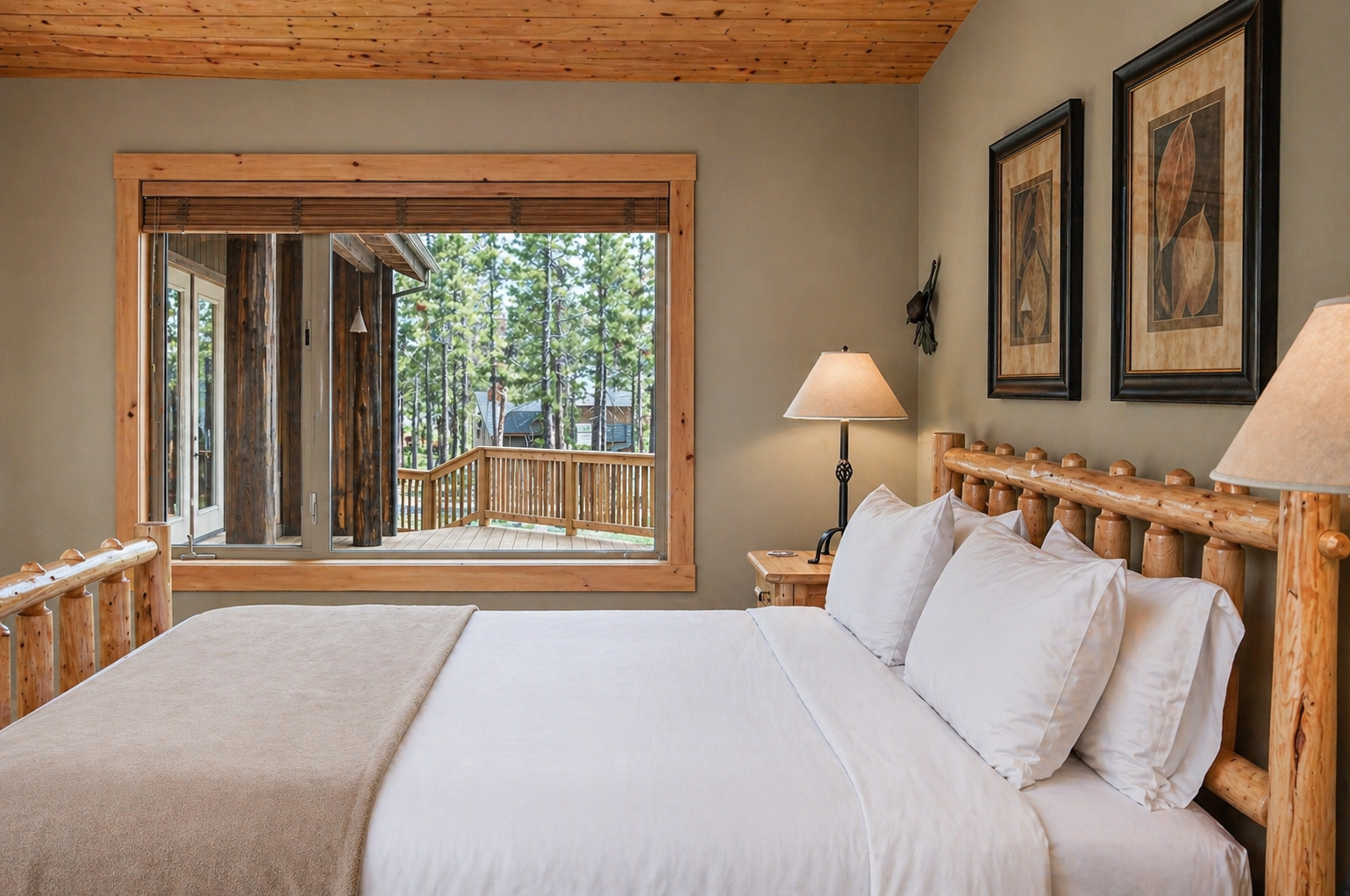 Drift off to sleep in this cozy log bedroom, where rustic charm meets modern comfort and forest views greet you each morning.