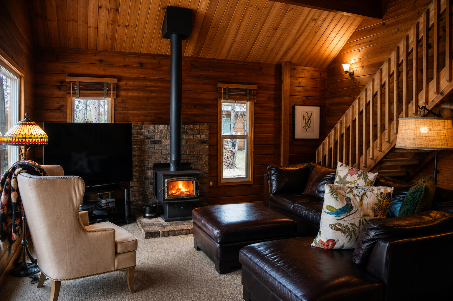 Curl up in your cozy living room with warm wood details, a crackling fireplace, and plush leather seating—the perfect retreat after a day exploring the outdoors.