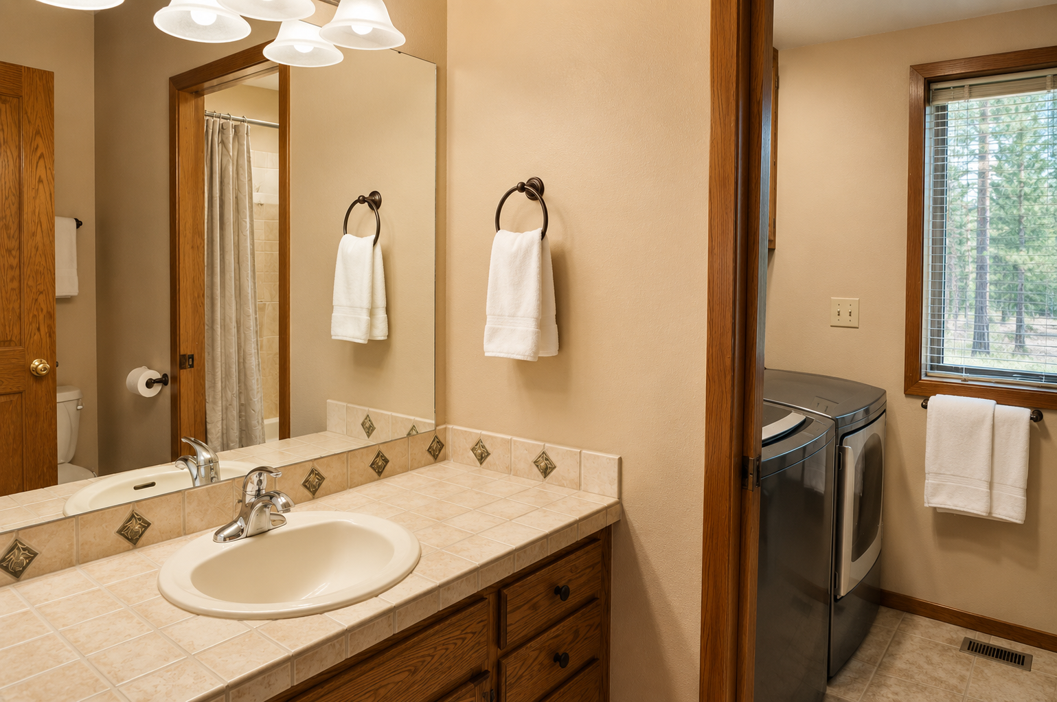 Freshen up in your private bathroom featuring soft lighting, fresh towels, and a welcoming atmosphere—plus convenient laundry right next door for extended stays.