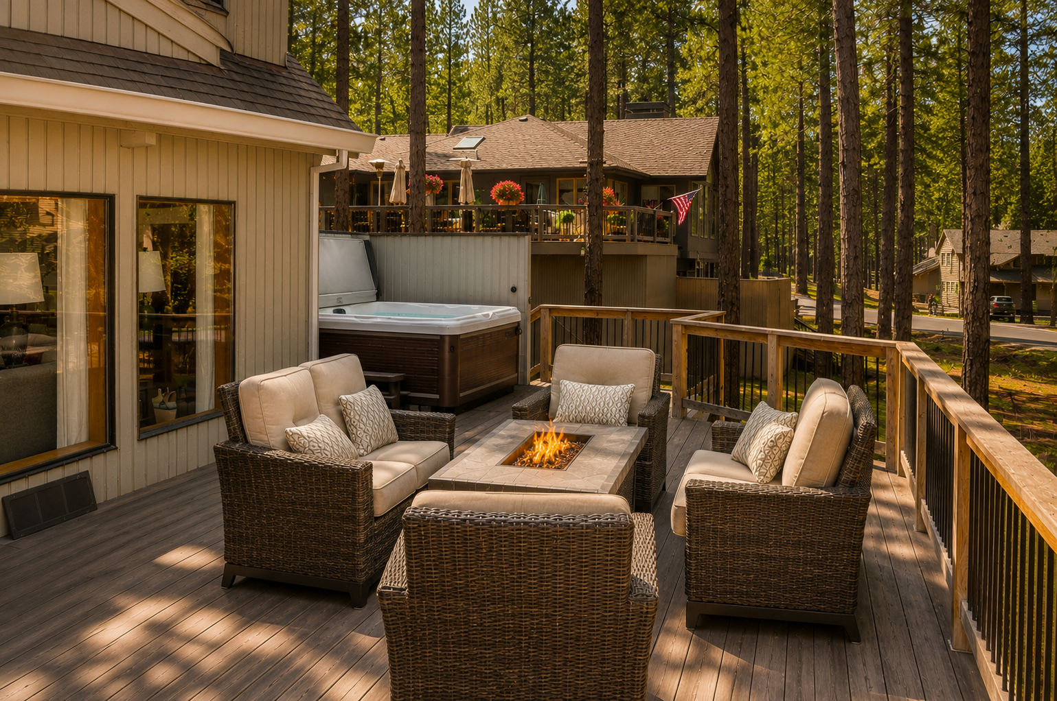 Step onto your private deck surrounded by towering pines, where crackling fire pit conversations blend with the bubbling hot tub beneath the forest canopy—pure mountain retreat magic.