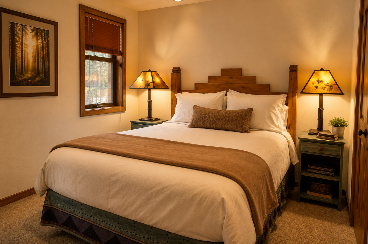 Sink into crisp linens and drift off beneath warm lamplight. Your cozy retreat awaits with handcrafted wood details and serene forest views to greet you each morning.