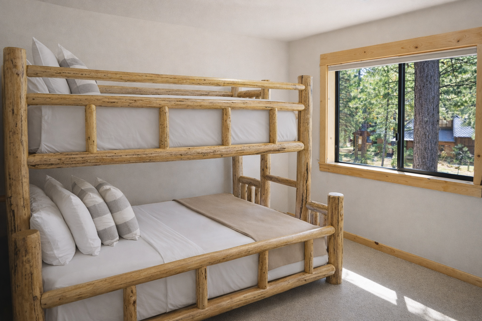 Cozy rustic bunk beds with crisp white linens await you. Natural wood beams and forest views create your perfect retreat.