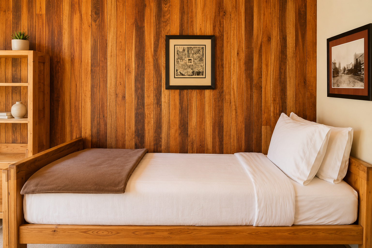 Unwind in your cozy, handcrafted wood-paneled bedroom. Sink into the plush bed surrounded by warm tones, vintage charm, and thoughtful decor that makes this space feel like a true home away from home.