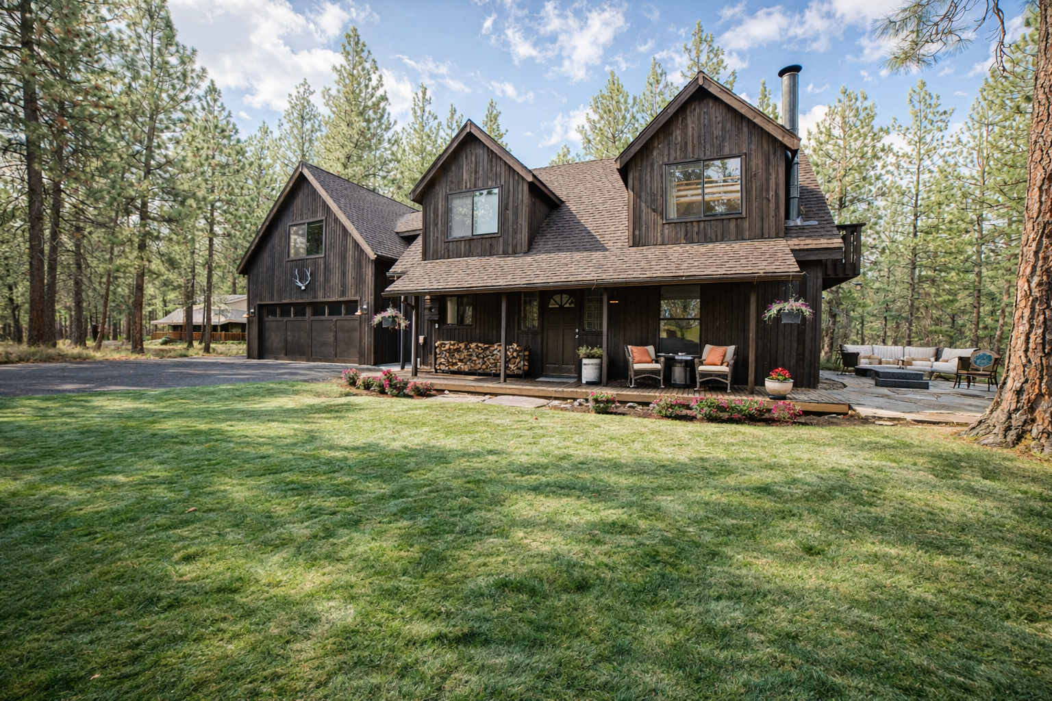 Modern mountain cabin nestled among towering pines with covered porch and spacious lawn for outdoor relaxation.