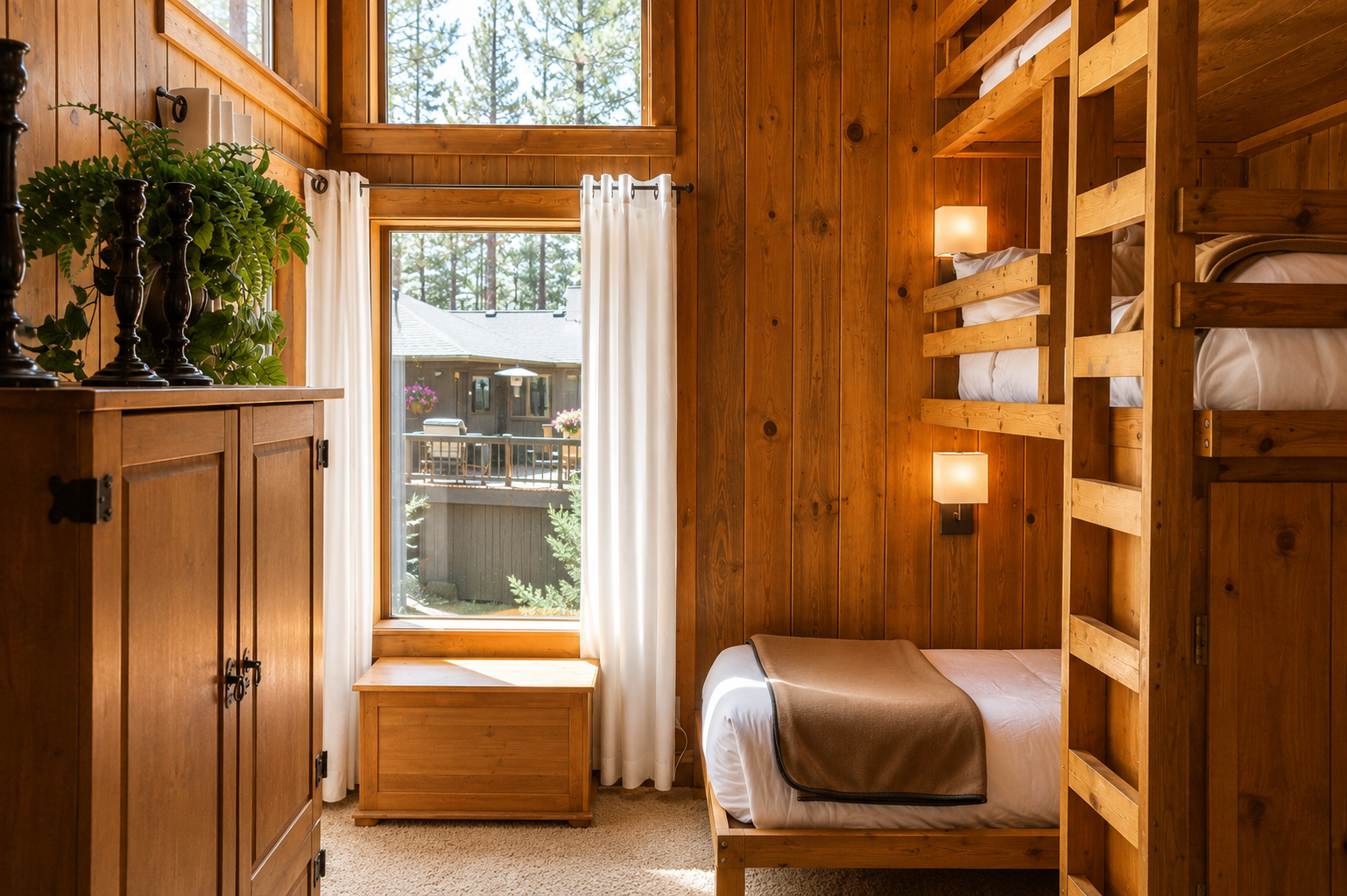 Cozy up in your rustic cabin retreat with custom bunk beds and warm wood tones. Natural light fills the space, while charming greenery and mountain views create a peaceful escape.