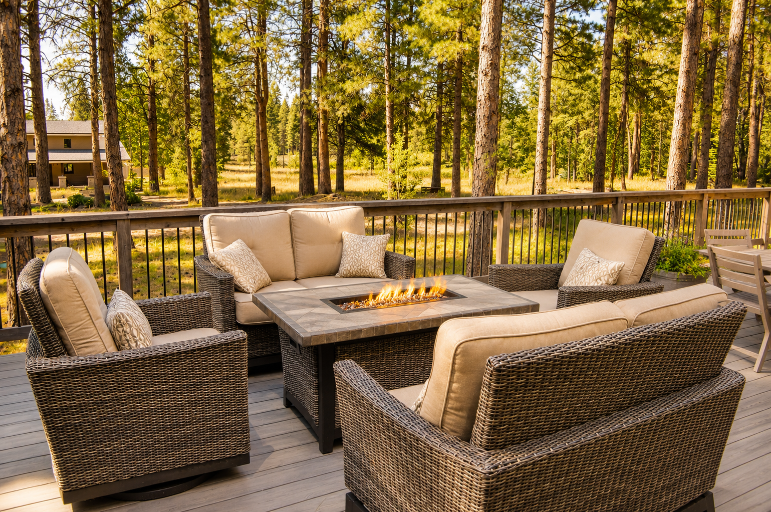 Gather around the fire pit on your private deck, surrounded by tall pines and golden meadows—the perfect spot to unwind with loved ones as evening settles in.