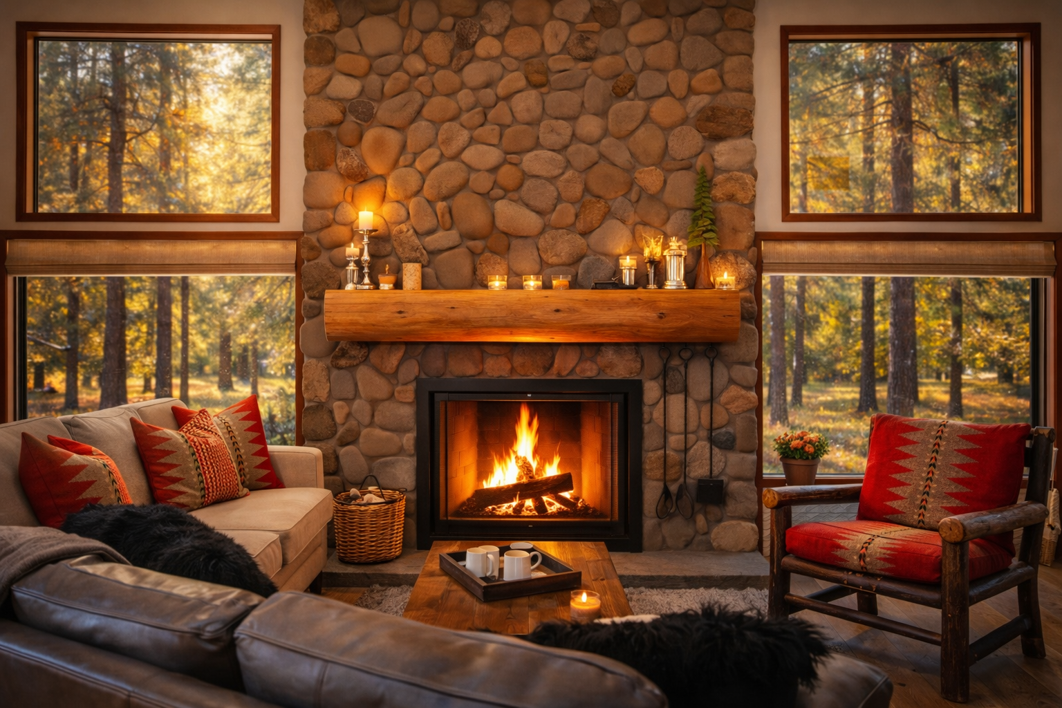 Cozy up by your crackling stone fireplace while golden autumn light filters through surrounding windows, creating the perfect retreat.