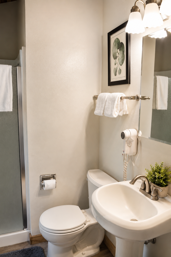 Step into your private, freshly updated bathroom with plush towels, bright lighting, and all the essentials you need for a refreshing start to your day.