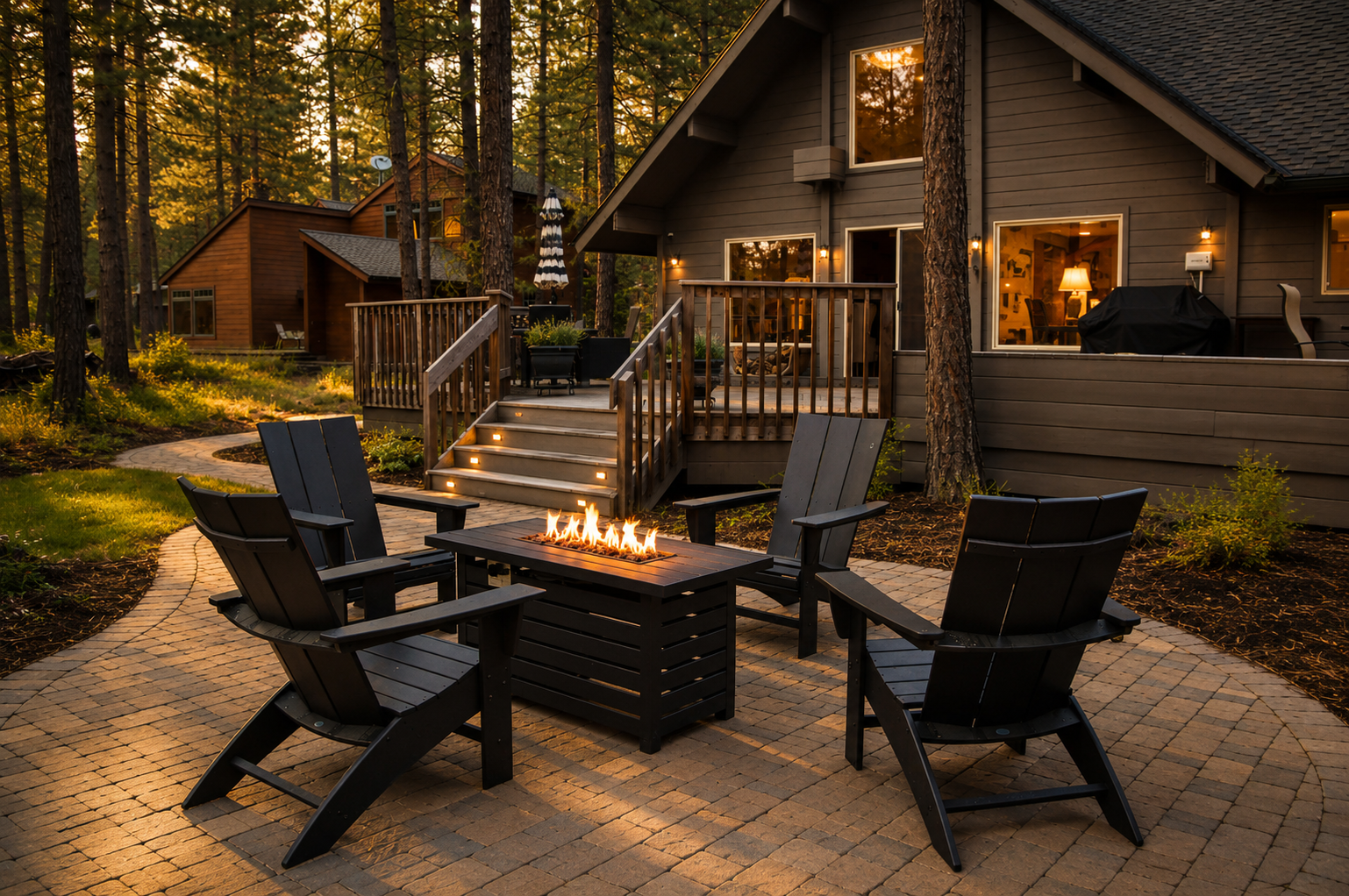 Secluded forest retreat featuring charming cabin architecture, illuminated outdoor fire pit with Adirondack seating, and warm lighting creating an intimate evening atmosphere perfect for gathering under towering pines.