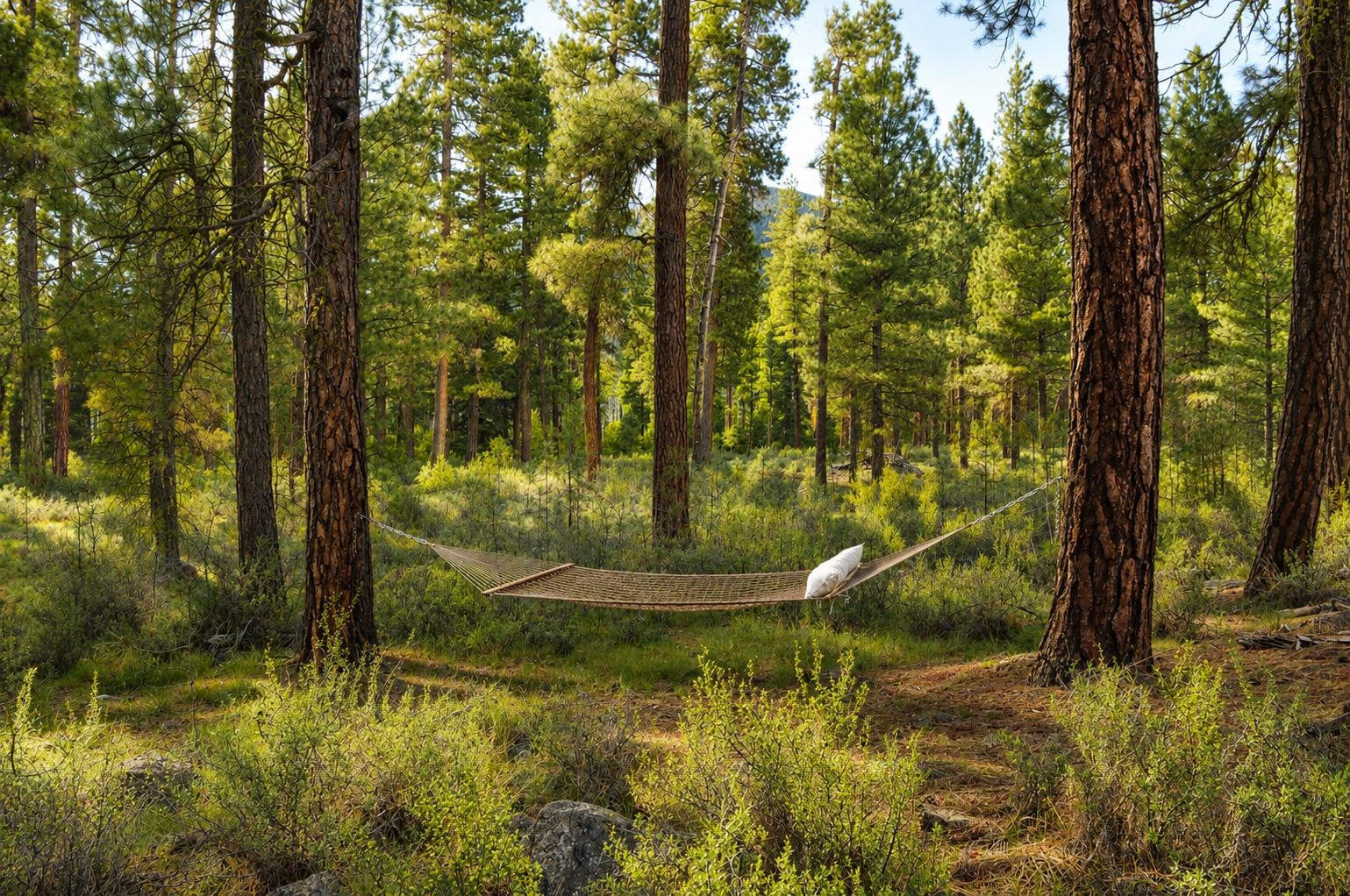 A peaceful hammock strung between towering pines invites you to unwind and breathe in the fresh forest air surrounding this serene retreat.