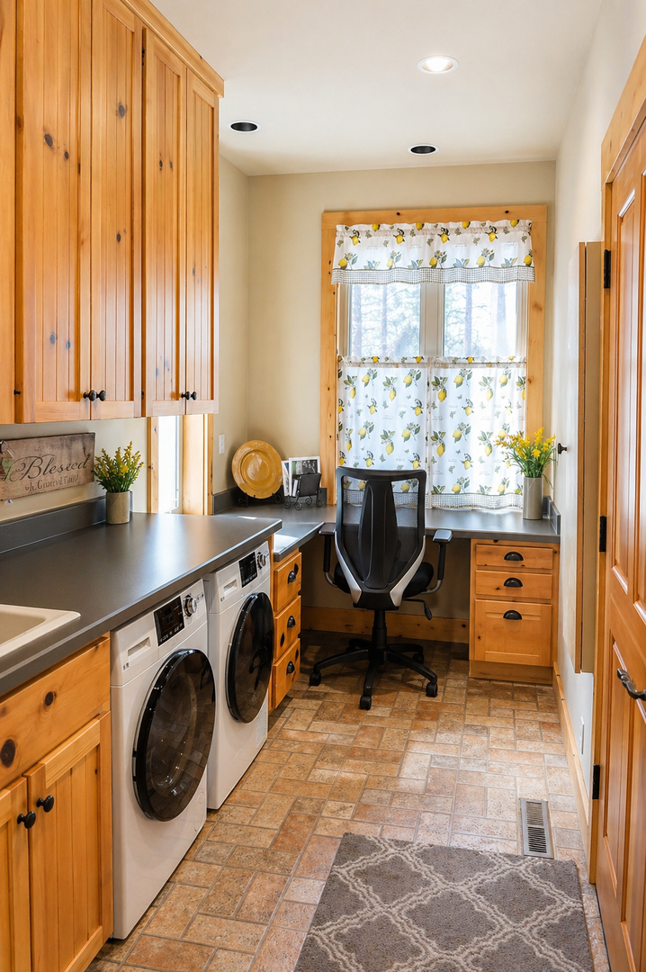 Your dedicated workspace combines productivity with convenience—laundry facilities keep your wardrobe fresh while you work at the built-in desk.