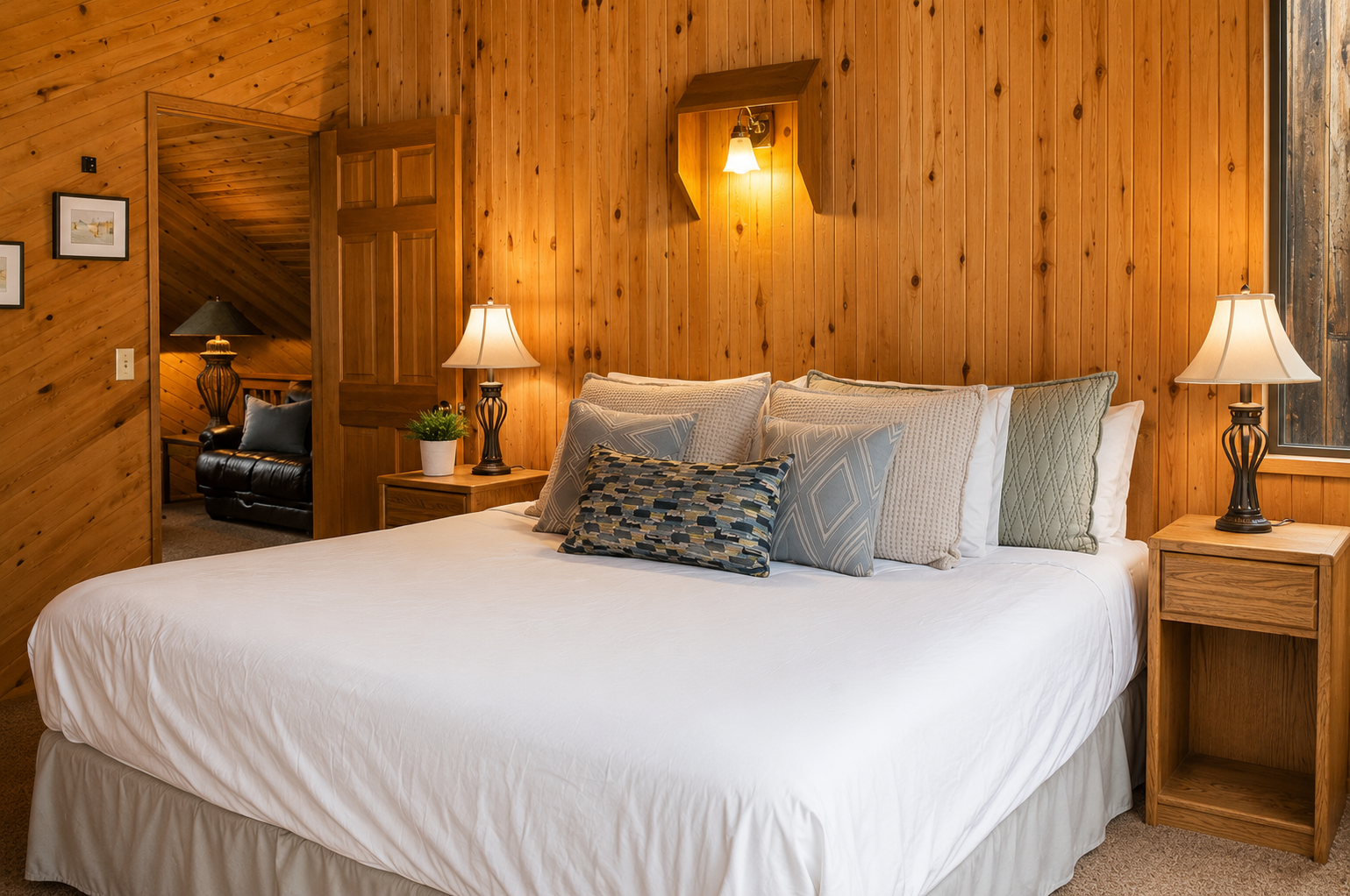 Unwind in your cozy cabin bedroom with warm wood-paneled walls, a plush king bed, and soft bedside lighting welcoming you after a day of adventure.