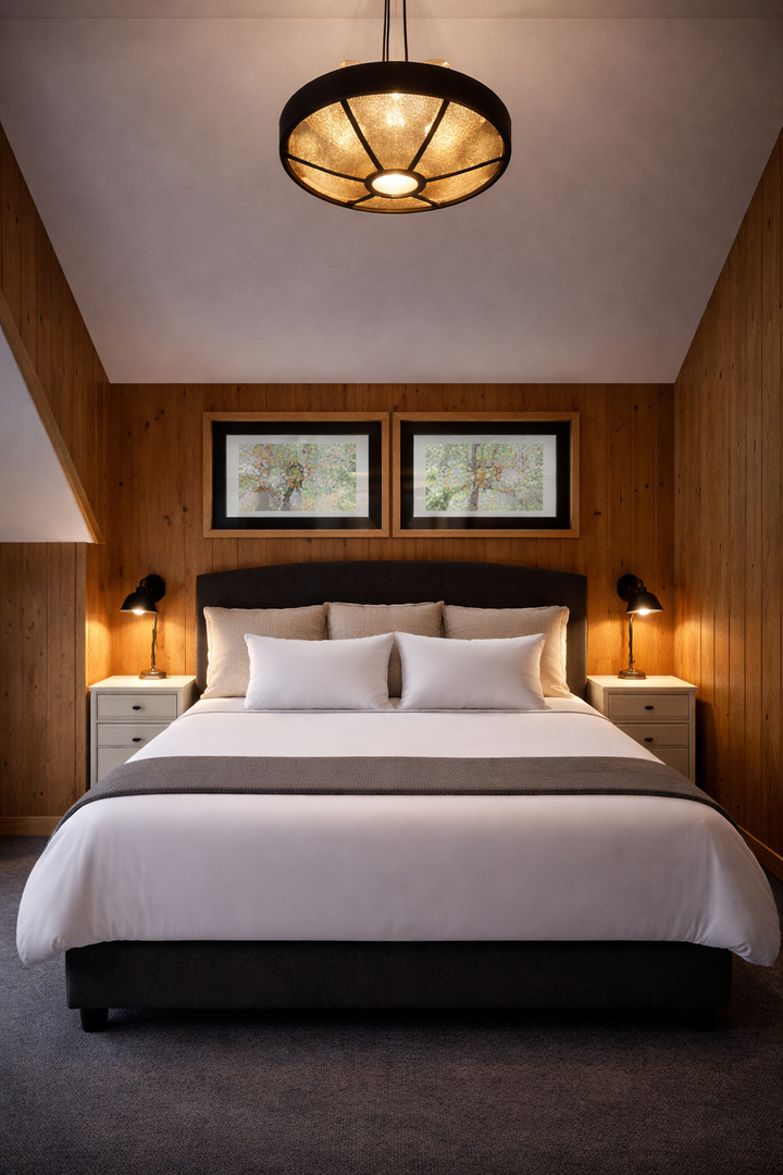 Unwind in your cozy alpine bedroom, where warm wood paneling and soft lighting create the perfect mountain retreat atmosphere.