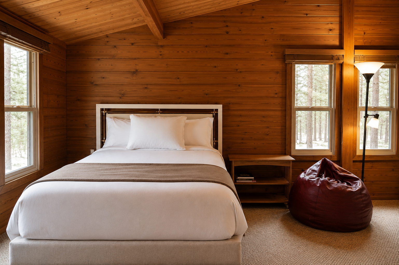 Your cozy retreat features rich wood walls, a plush bed, and forest views from every window. Curl up in the bean bag with a book and let the peaceful woodland setting surround you.