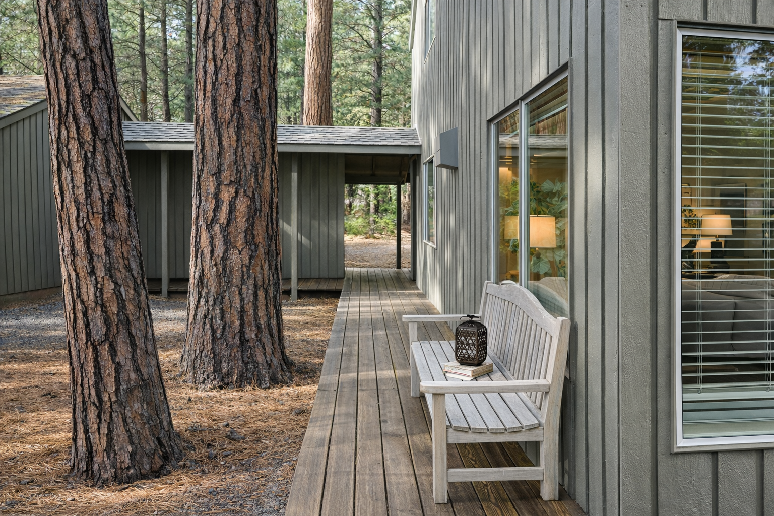 Your private deck extends into towering pines, where morning coffee tastes better and evening conversations flow naturally on this peaceful woodland bench.