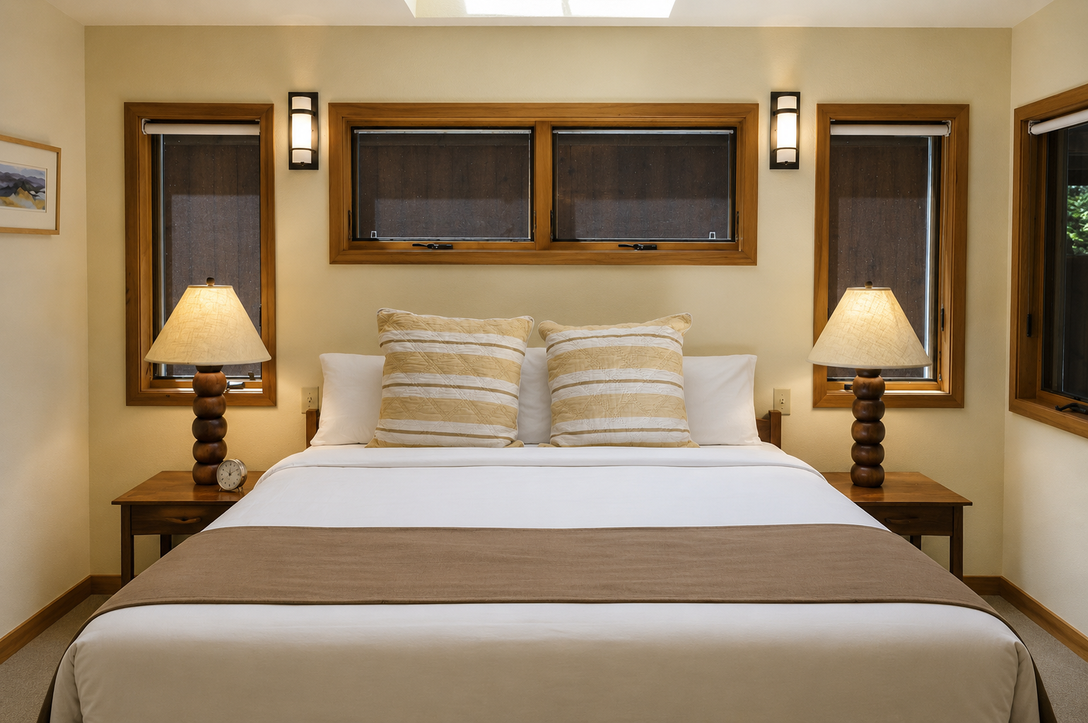 Sink into crisp linens and wake up refreshed in your peaceful bedroom, where warm wood tones and soft lighting create the perfect retreat after your adventures.