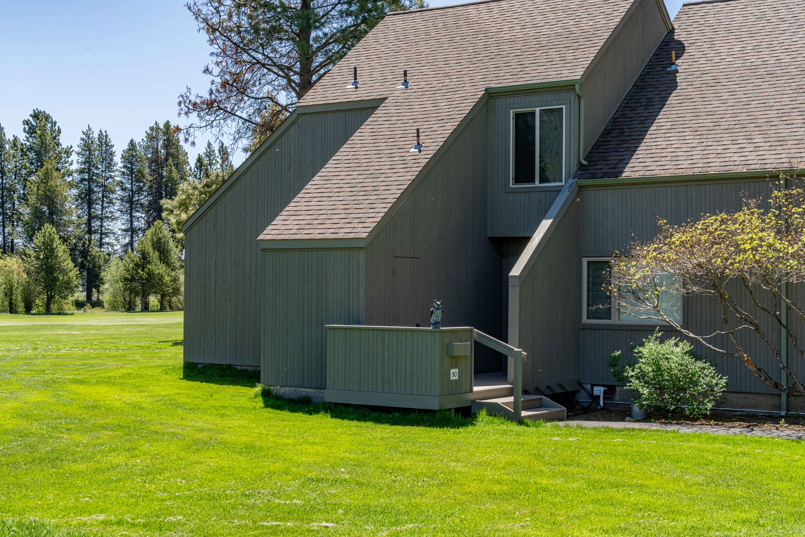 Modern retreat nestled among towering pines with expansive green lawns and peaceful forest views.