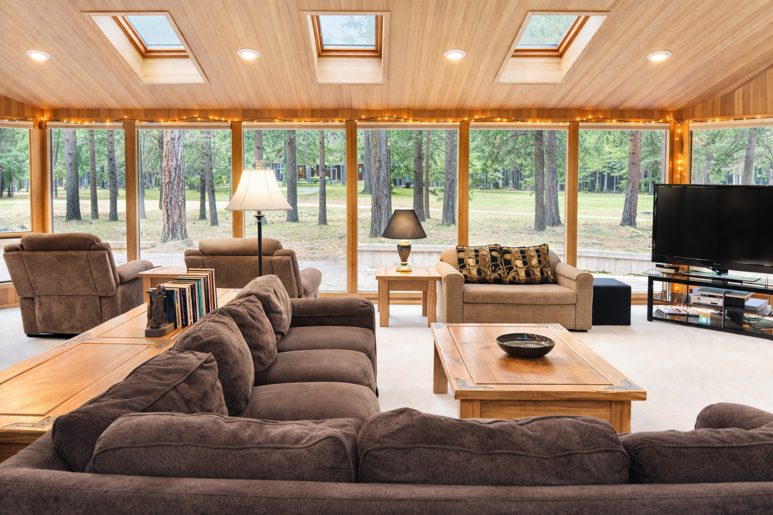 Unwind in this spacious living room with plush seating and floor-to-ceiling windows showcasing peaceful forest views.
