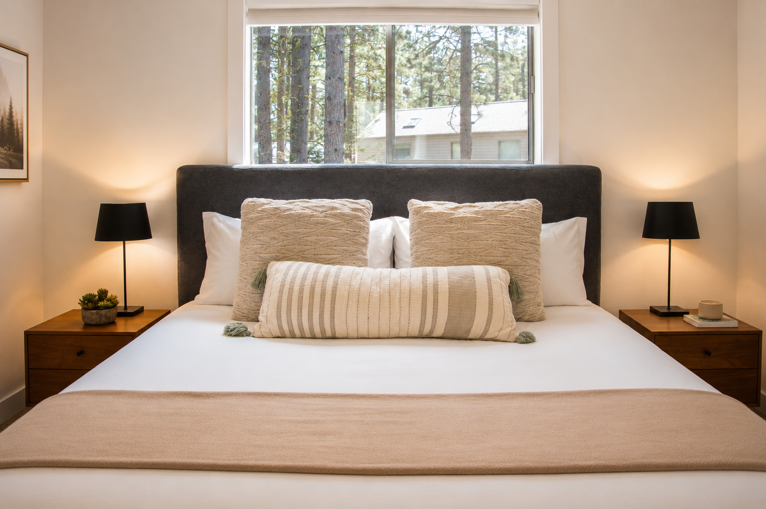 Sink into crisp linens and plush pillows while sunlight filters through towering pines, creating your tranquil forest retreat after a day of adventure.
