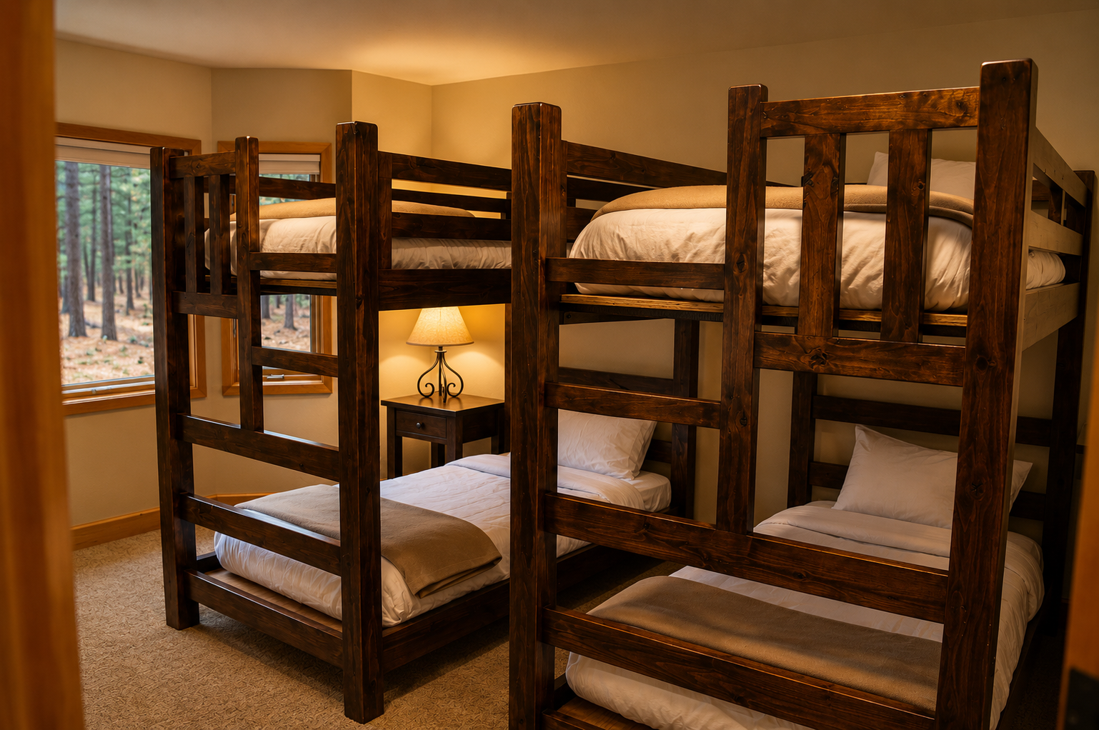 Your cozy bunk room features handcrafted wooden beds with crisp linens, perfect for families. A warm lamp and forest views create a welcoming mountain retreat atmosphere.