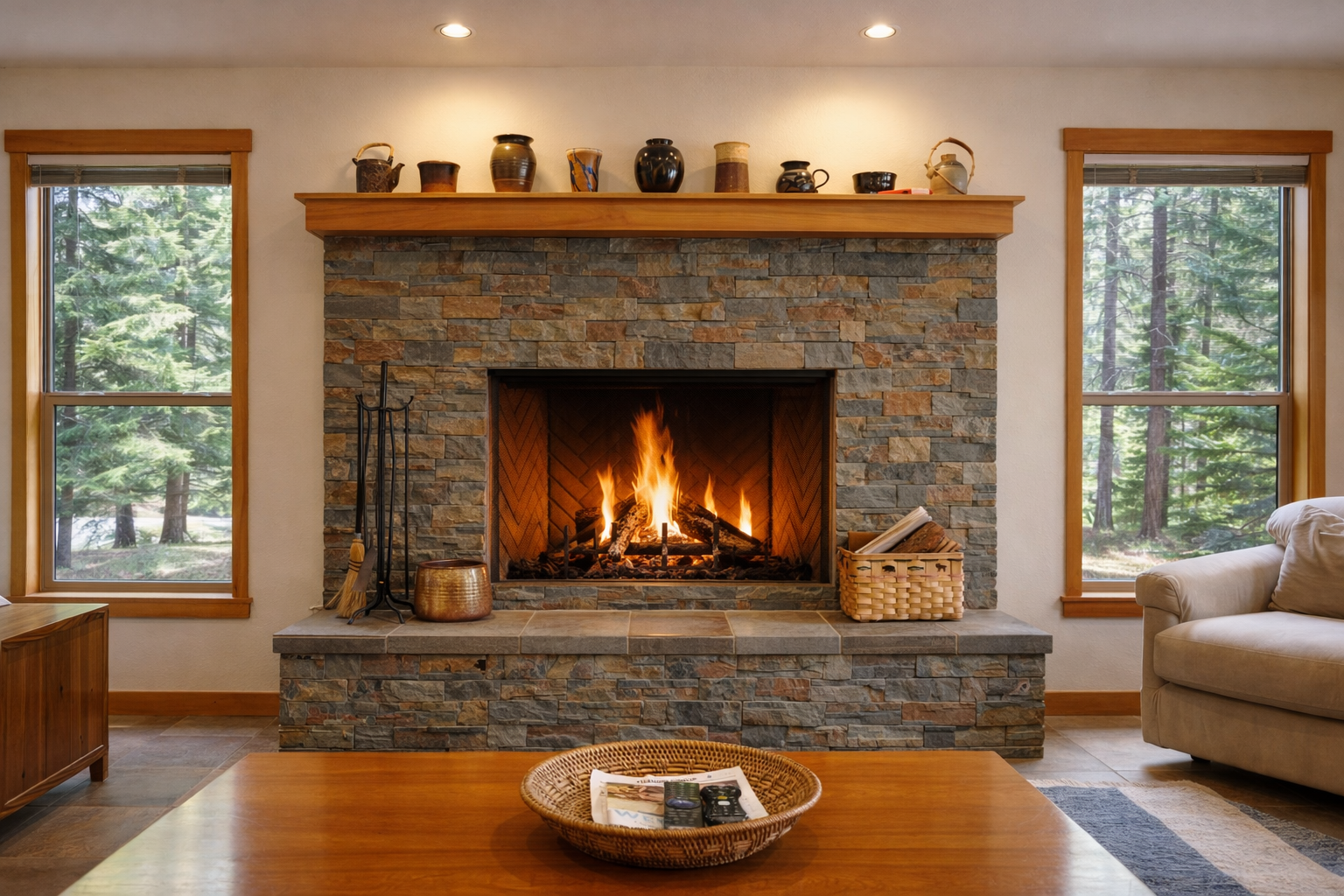 Cozy up by your crackling stone fireplace while gazing at peaceful forest views through picture windows.