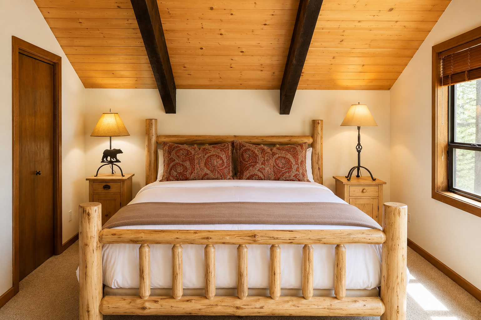 Settle into your cozy mountain retreat with a handcrafted log bed, warm wood beams overhead, and rustic touches that invite restful nights in nature's embrace.