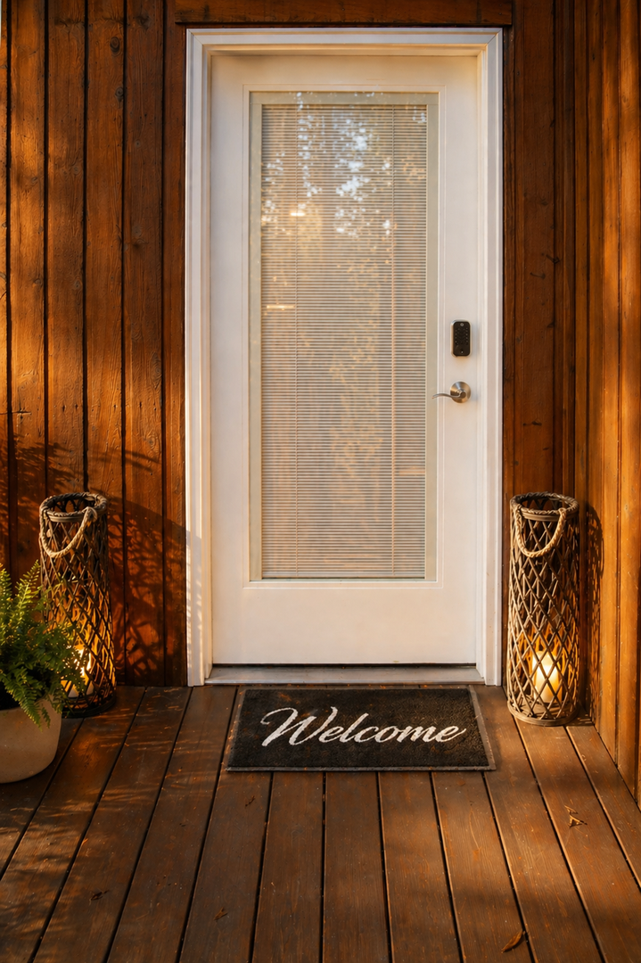 Charming wooden entrance with warm lanterns and welcoming mat creates an inviting arrival experience.