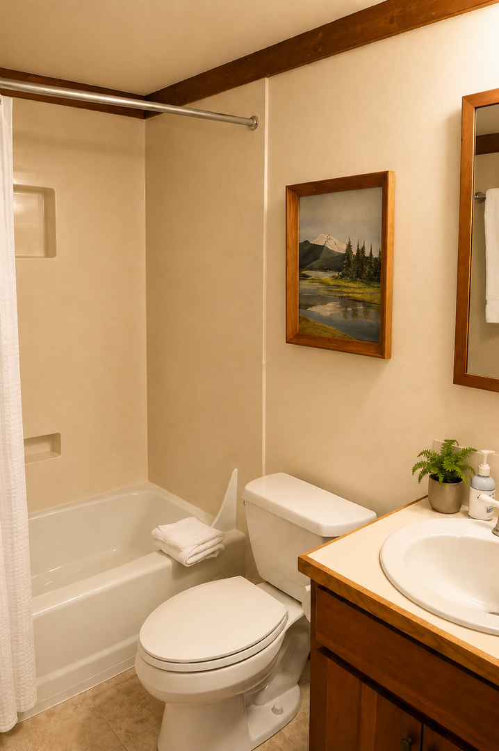 Step into your spotless bathroom with fresh towels, a soothing tub-shower combo, and charming mountain artwork that brings peaceful alpine vibes right to your space.