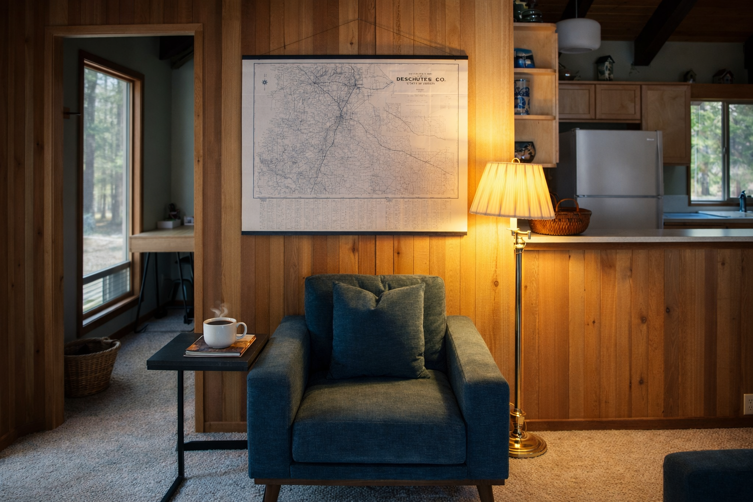 Sink into your cozy reading chair with warm cabin vibes surrounding you. Rich wood paneling and soft lighting create the perfect retreat.