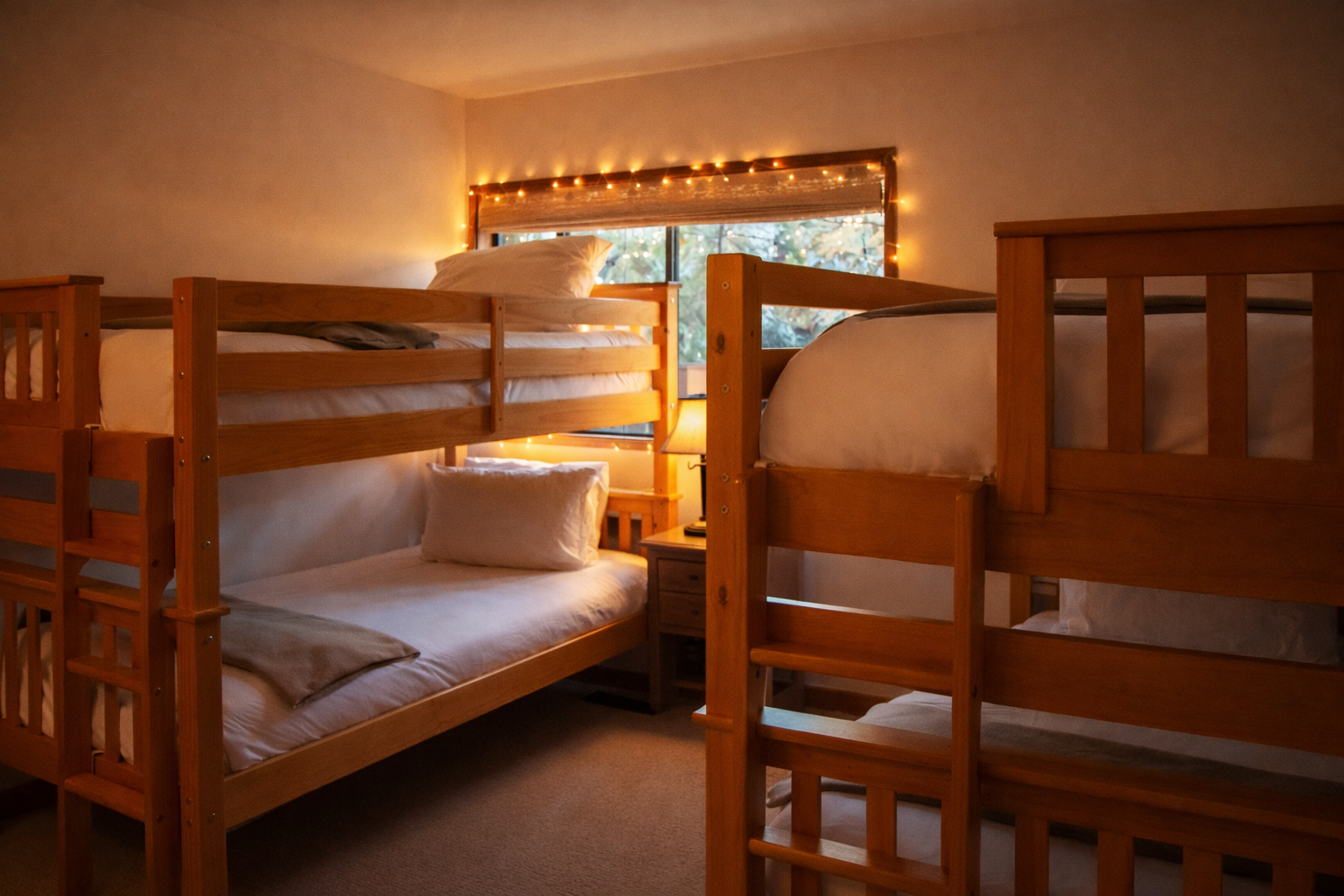 Your cozy bunk room features warm wood furnishings and twinkling lights, creating the perfect retreat after your adventures.