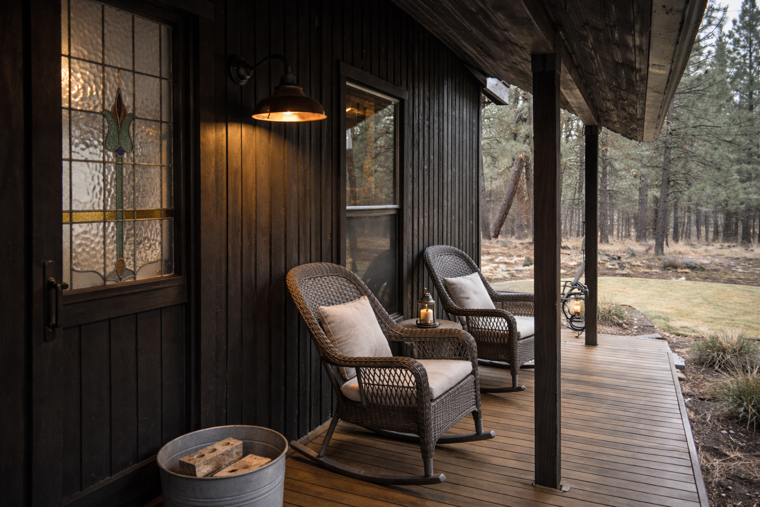 Your private covered porch invites you to relax in cozy wicker chairs, surrounded by forest views and warm lantern light for perfect evening moments.