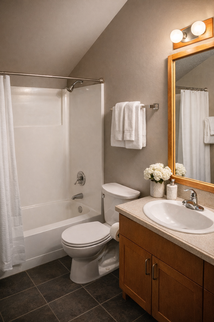 Step into your private bathroom featuring a relaxing tub-shower combo, vanity with fresh flowers, and fluffy towels awaiting your arrival.