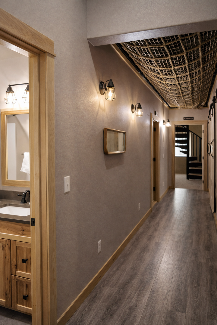 Navigate your private hallway featuring warm wood accents, nautical ceiling netting, and charming lantern-style lighting that creates a cozy coastal atmosphere.