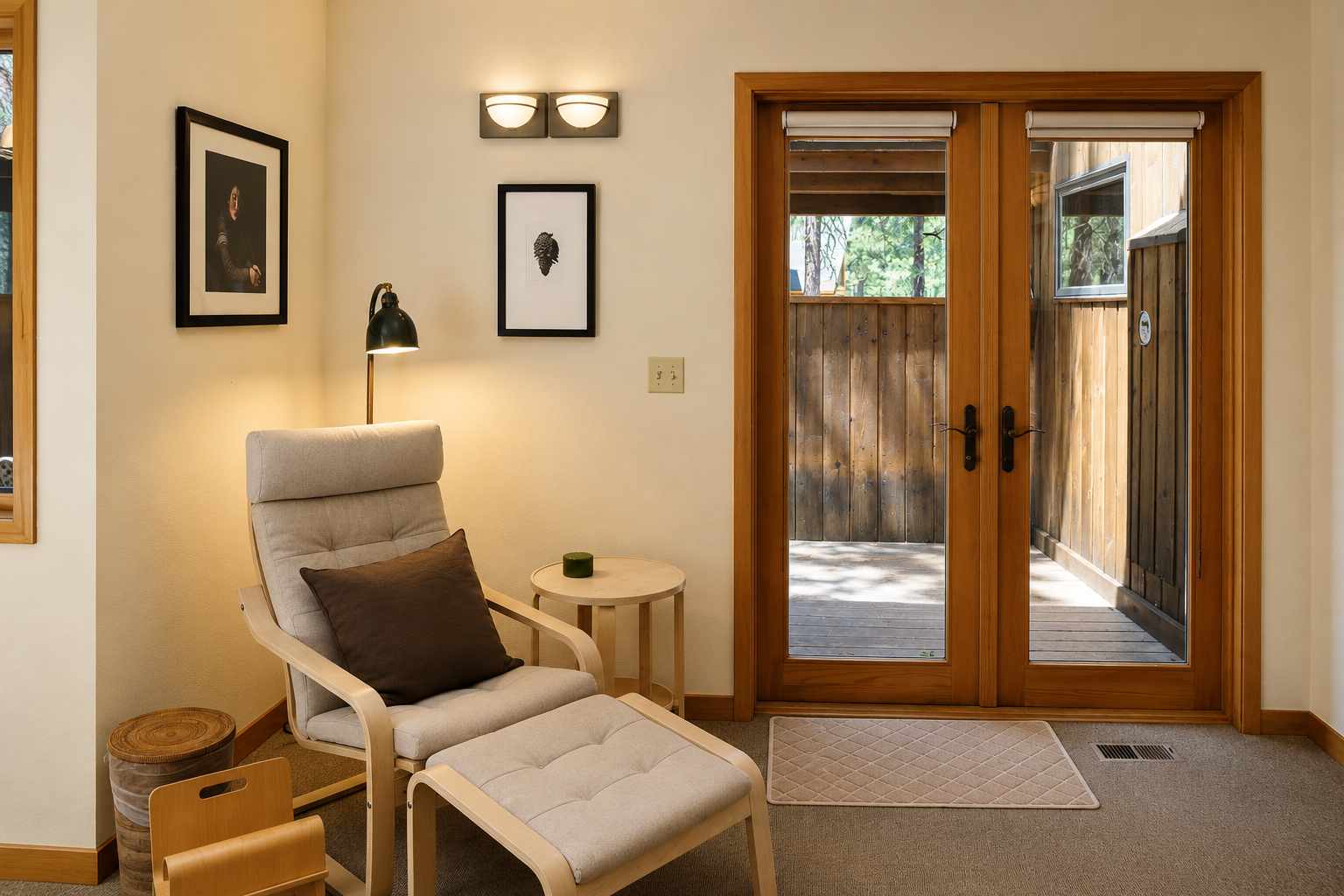 Sink into your cozy reading nook with plush seating and gentle lighting, right beside French doors that open to your private outdoor space.