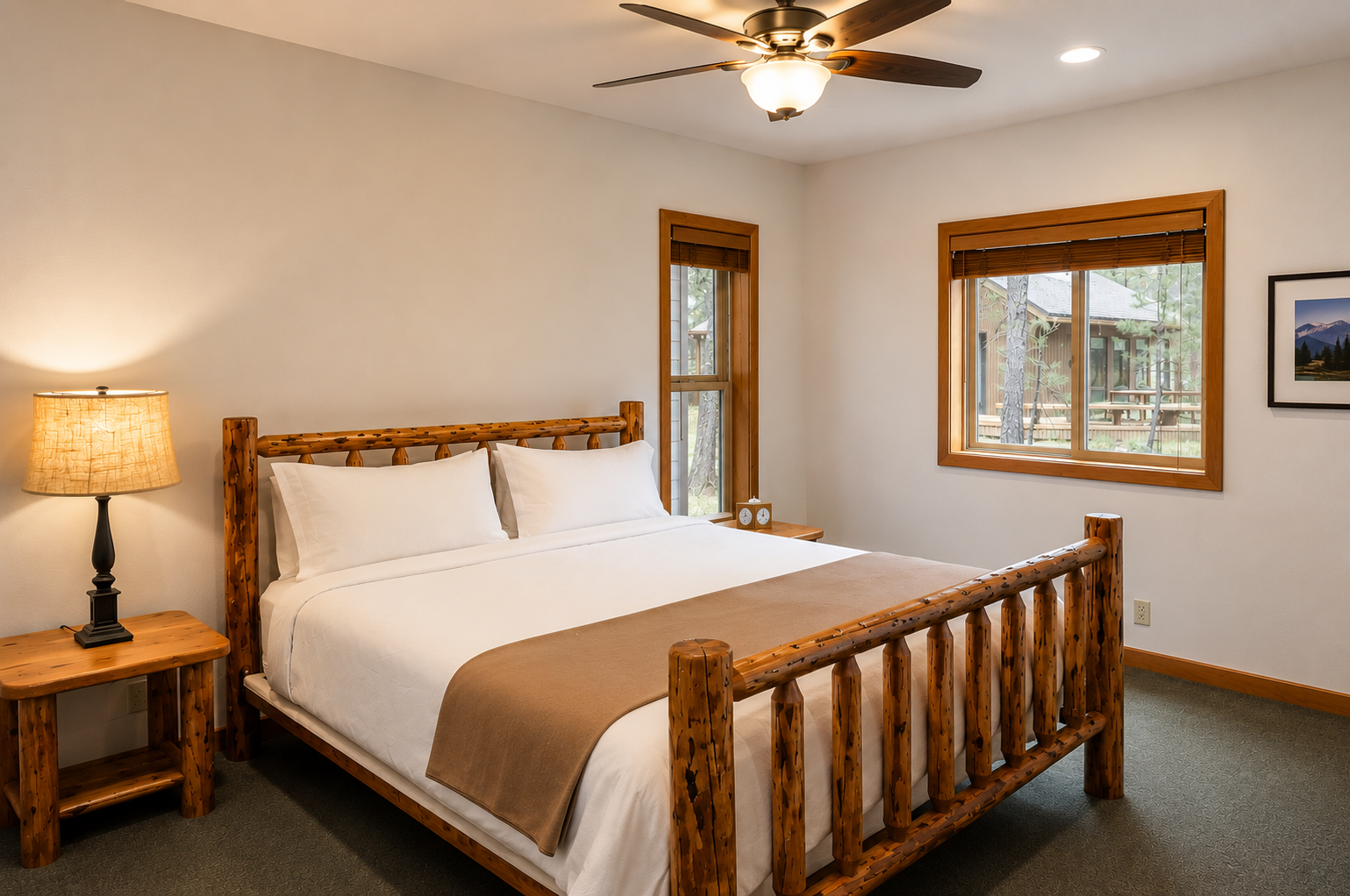 Your cozy bedroom awaits, featuring a handcrafted log bed with crisp linens, warm wood accents, and a peaceful forest view to help you unwind completely.