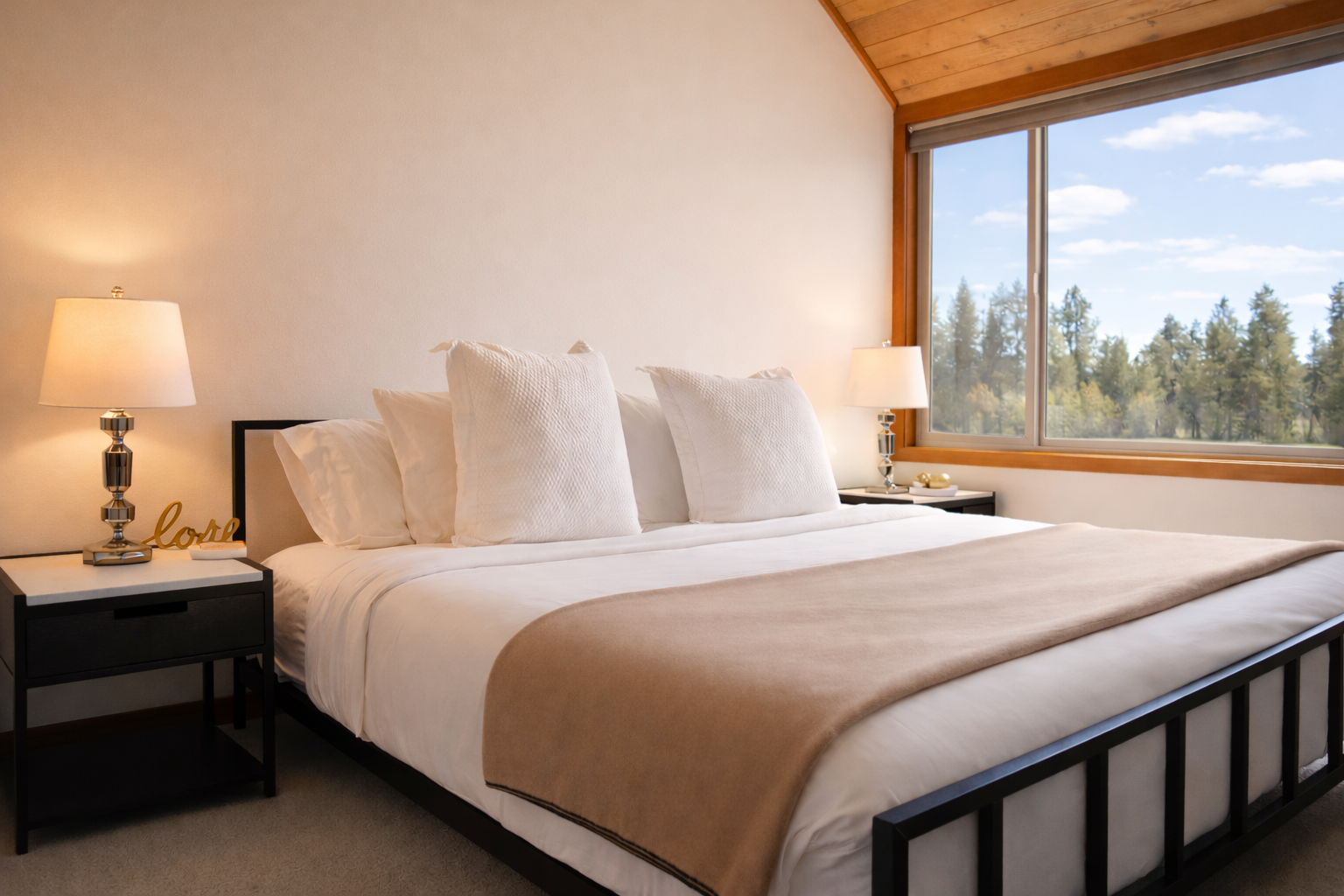 Drift into peaceful sleep on crisp linens while forest views fill your window, creating your perfect woodland retreat.
